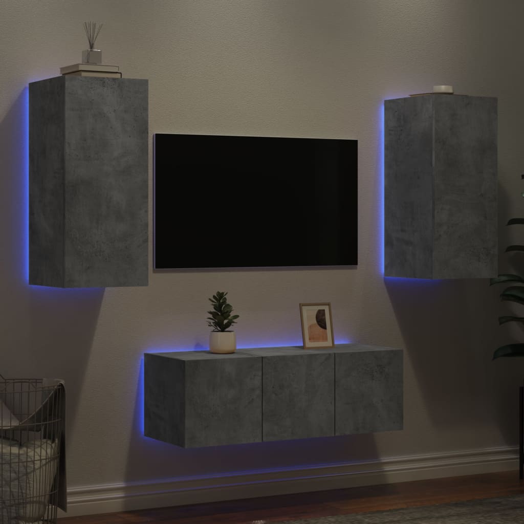 vidaXL Muebles TV pared con LED 4 pzas madera ingeniería gris hormigón