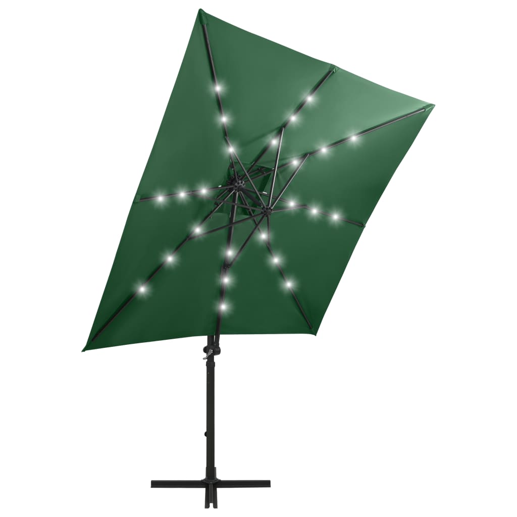 vidaXL Sombrilla voladiza con poste y luces LED 250 cm verde