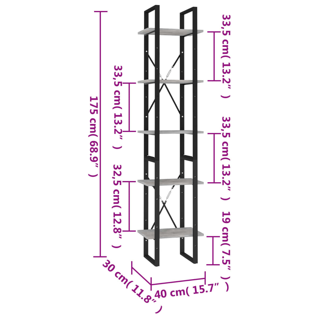vidaXL Estantería de 5 niveles madera de ingeniería gris 40x30x175 cm