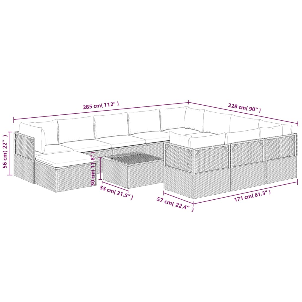 vidaXL Set de muebles de jardín 12 pzas cojines ratán sintético gris