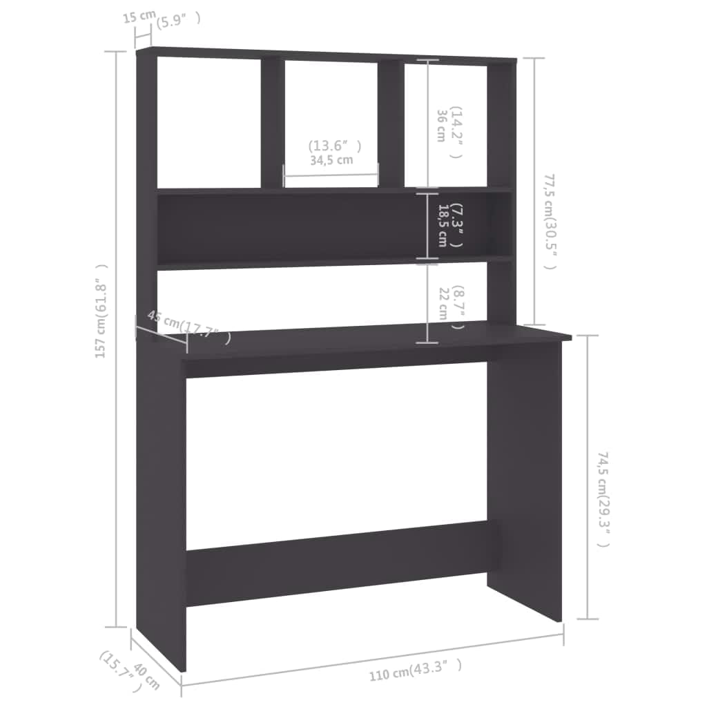 vidaXL Escritorio con estantes madera contrachapada gris 110x45x157 cm