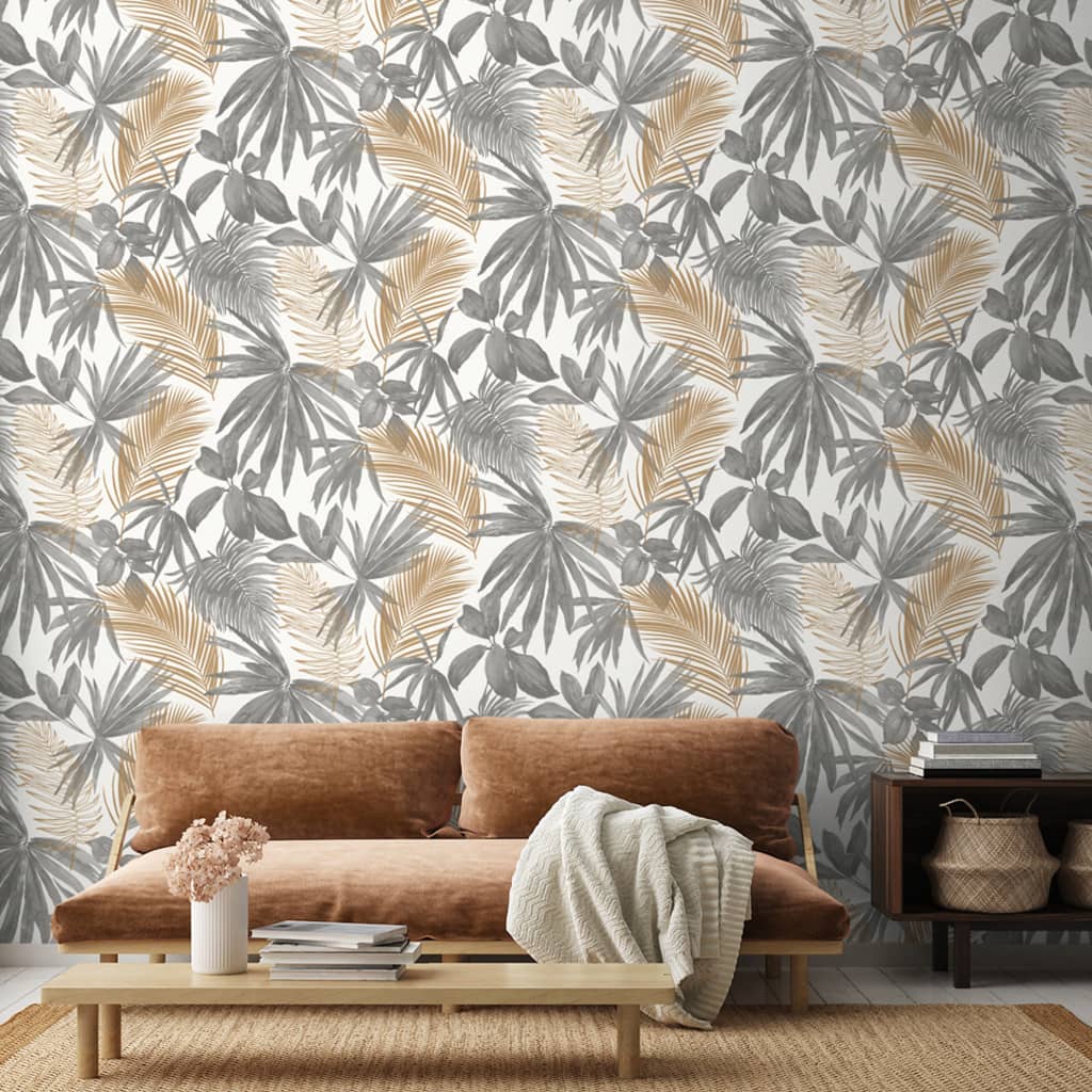 DUTCH WALLCOVERINGS Papel de pared palmetas salvajes gris y beige