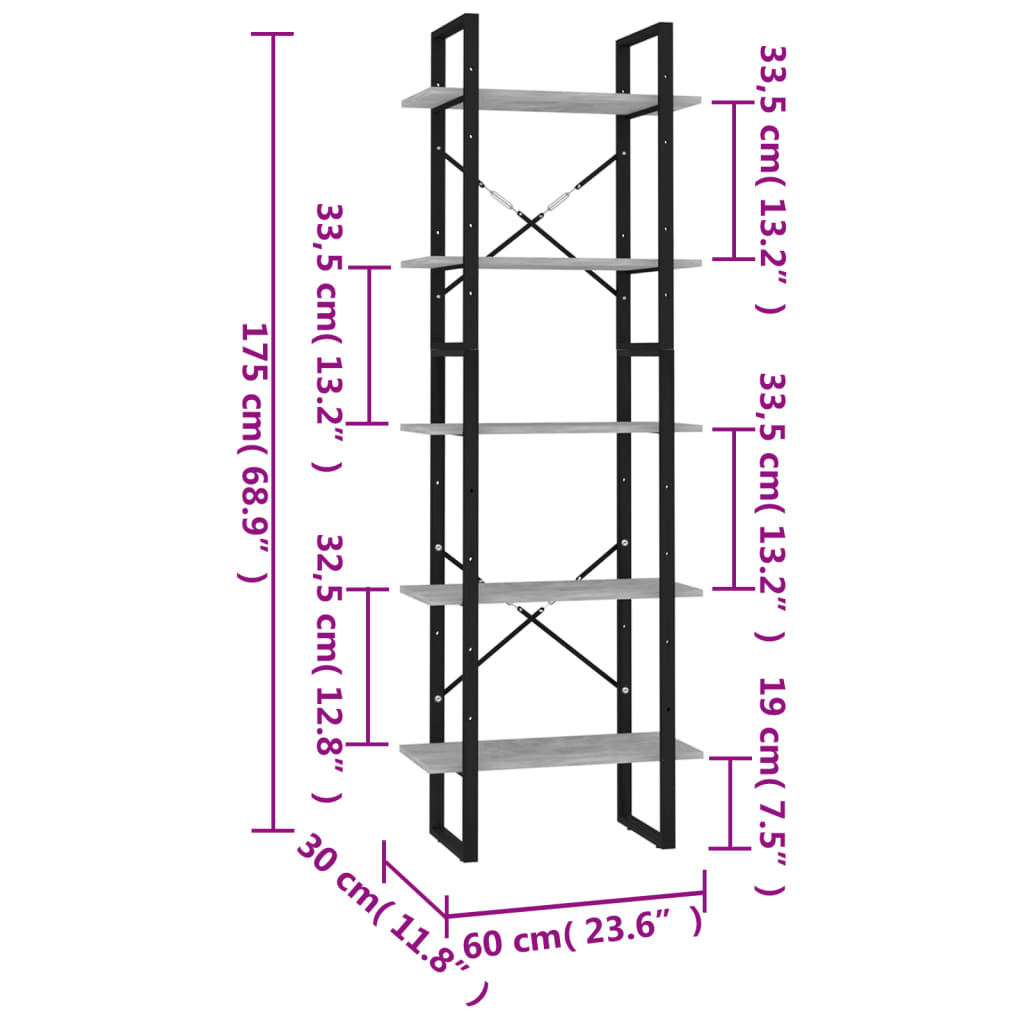 vidaXL Estantería de 5 niveles madera de ingeniería gris 60x30x175 cm