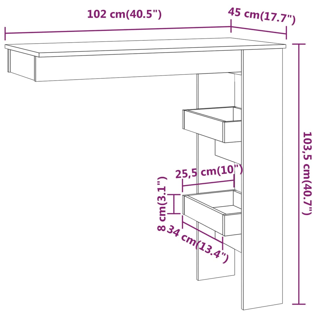 vidaXL Mesa de bar de pared madera contrachapada blanco 102x45x103,5cm