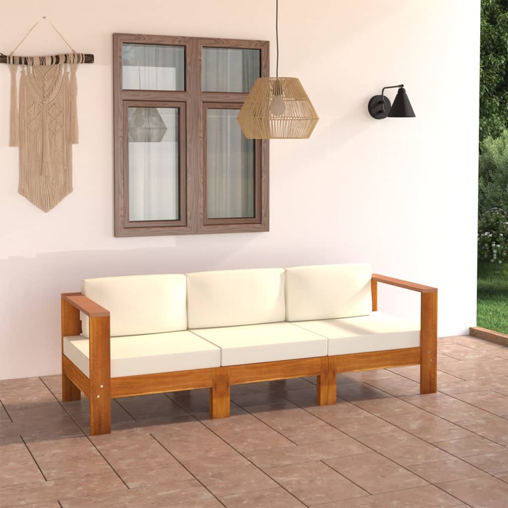 vidaXL Sofá de jardín de 3 plazas con cojín crema madera maciza acacia