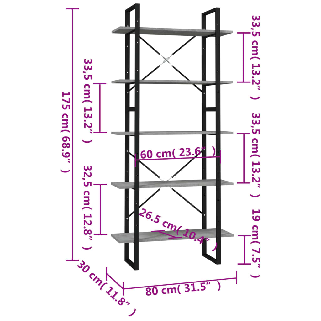 vidaXL Estantería 5 pisos madera ingeniería gris hormigón 80x30x175 cm