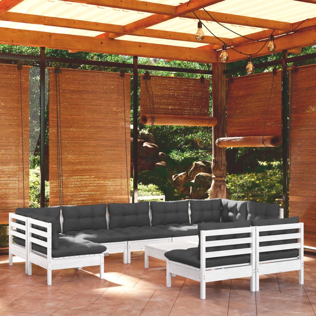 vidaXL Muebles de jardín 10 pzas y cojines blanco madera maciza de pino