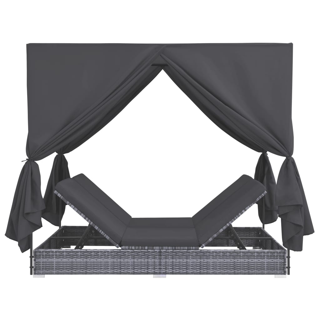 vidaXL Tumbona cama con cortinas de ratán sintético gris