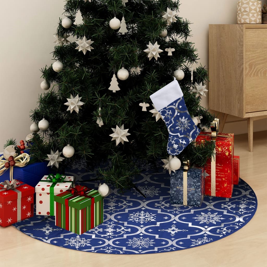 vidaXL Falda del árbol de Navidad de lujo con calcetín tela azul 90 cm