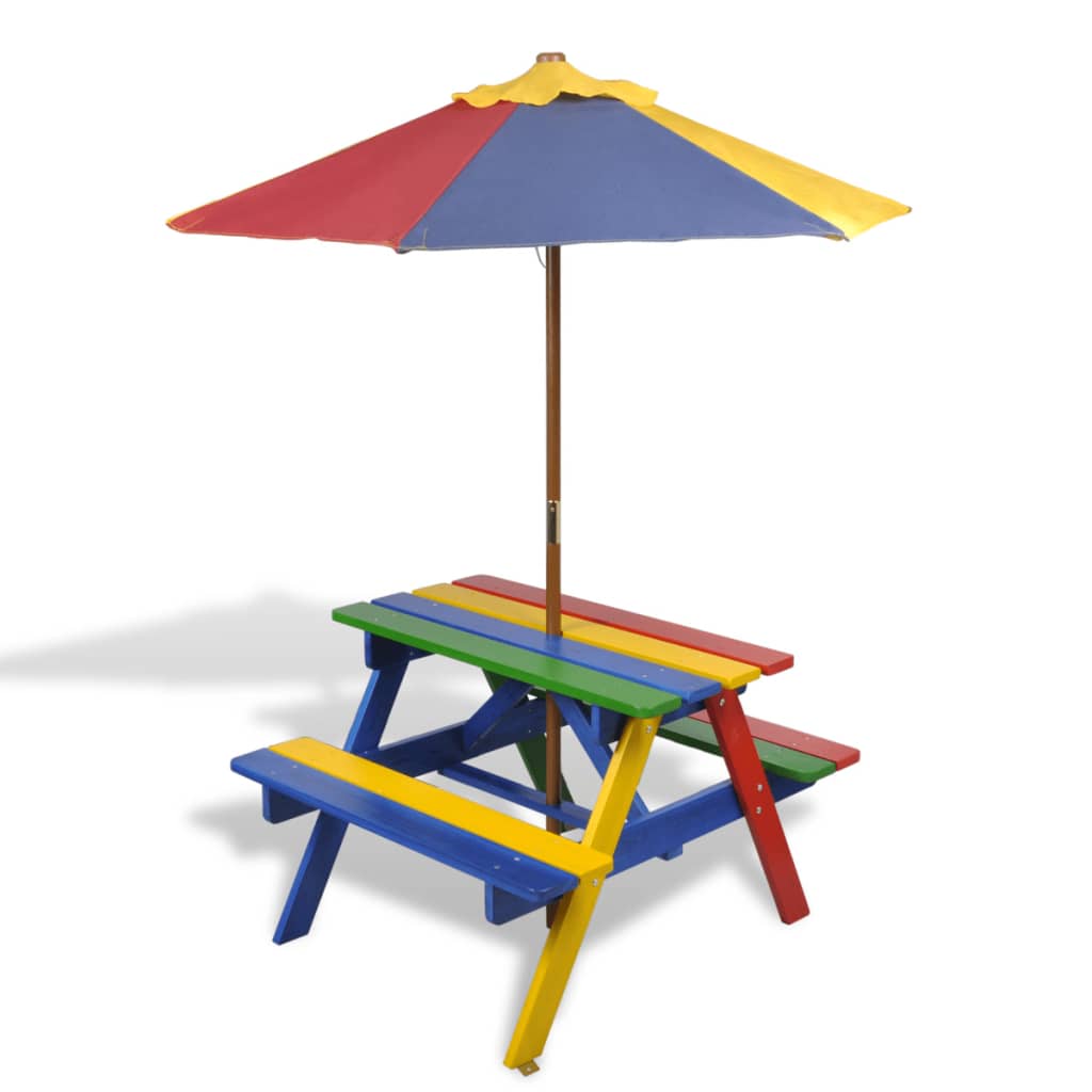 vidaXL Mesa de picnic y bancos de niños y sombrilla madera multicolor