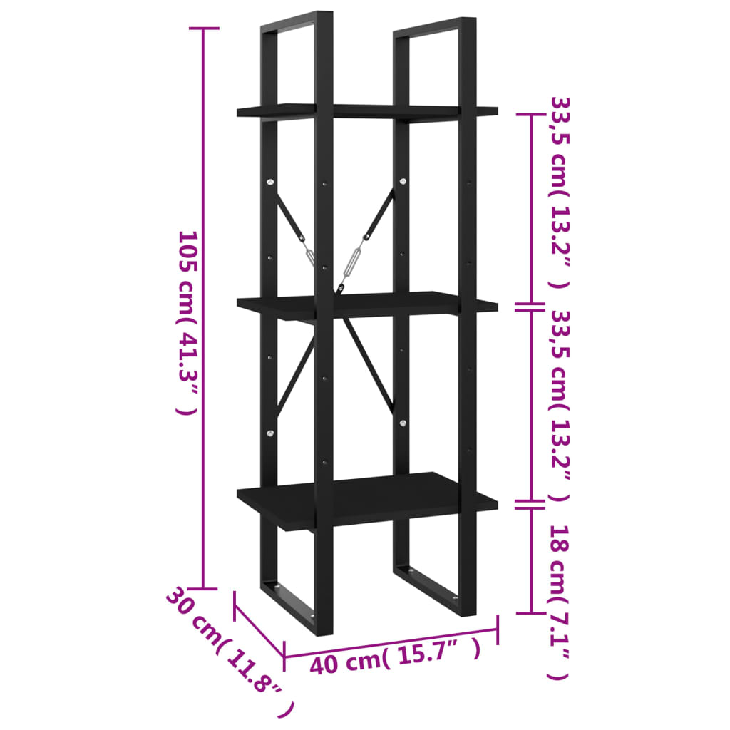vidaXL Estantería de 3 niveles madera contrachapada negro 40x30x105 cm