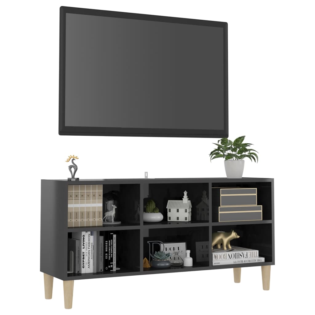 vidaXL Mueble de TV patas de madera maciza gris brillo 103,5x30x50 cm