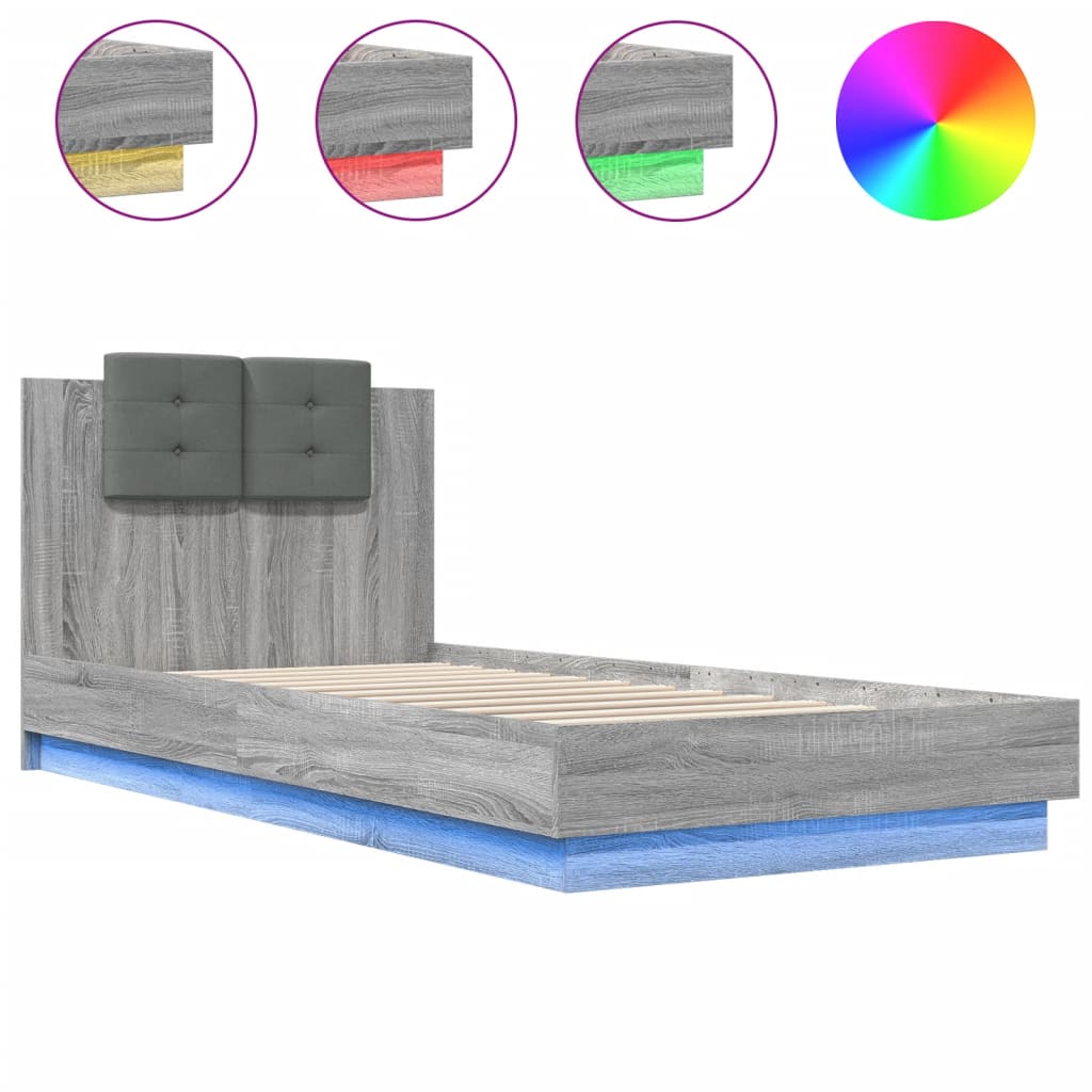 vidaXL Estructura de cama cabecero luces LED gris Sonoma 90x200 cm