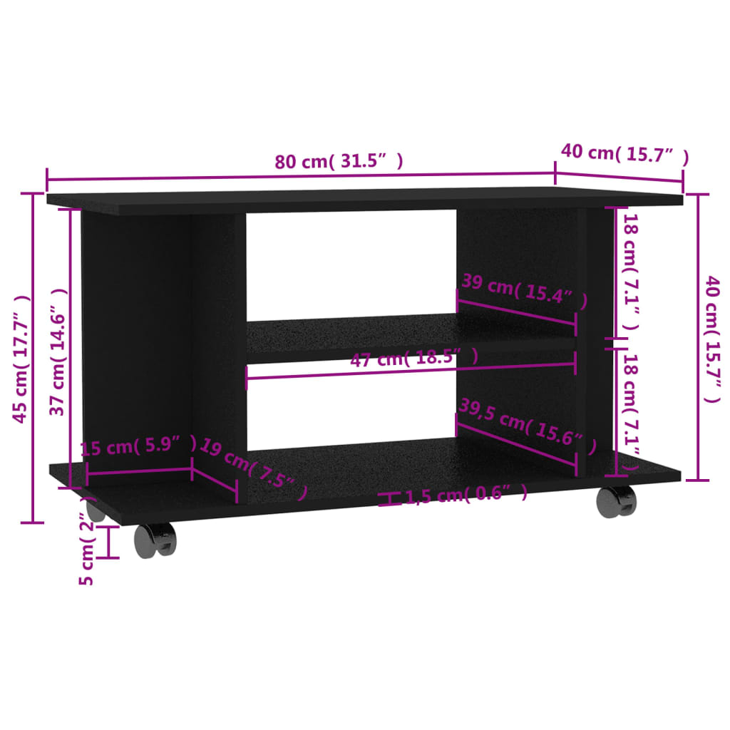 vidaXL Mueble de TV con ruedas madera contrachapada negro 80x40x40 cm
