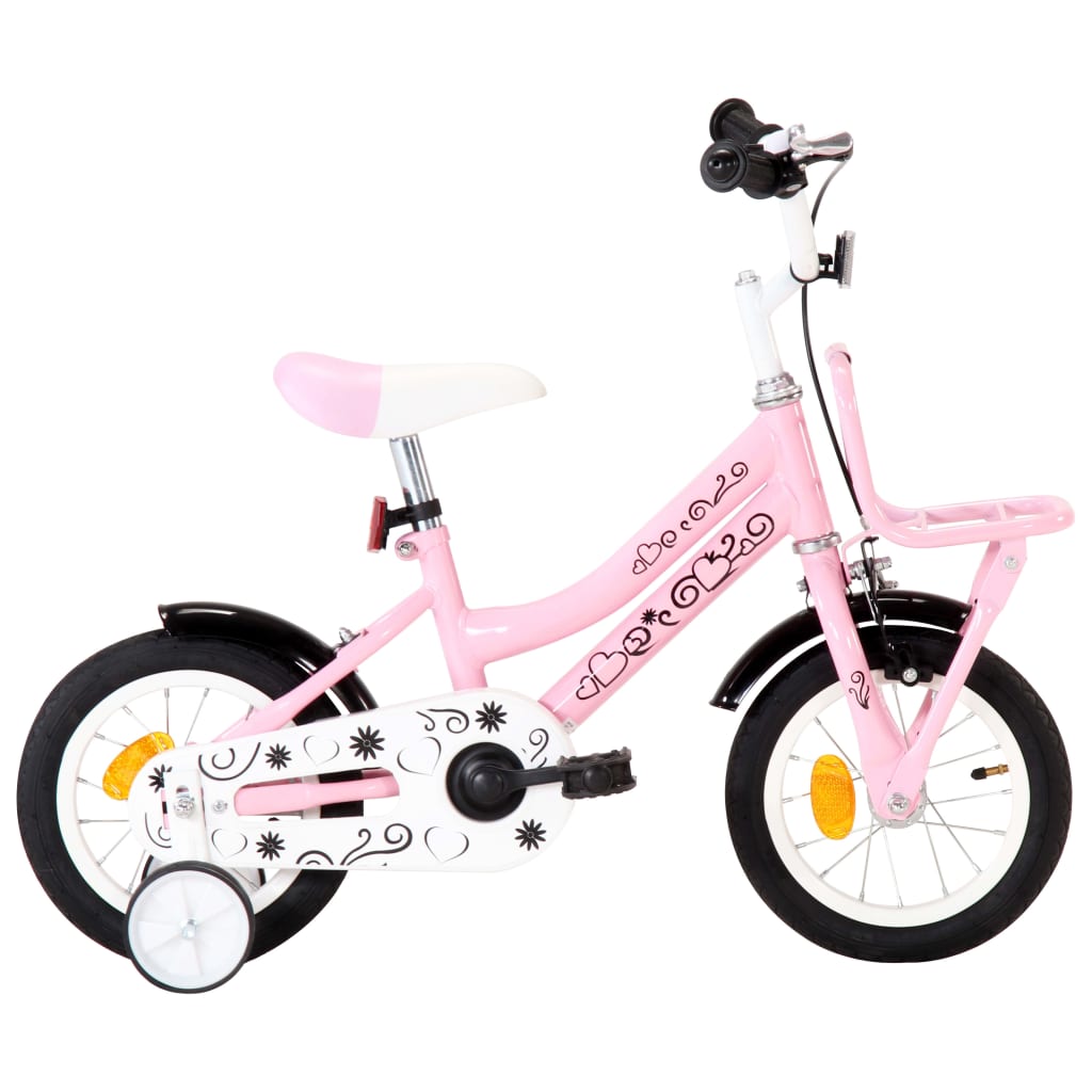 vidaXL Bicicleta niños y portaequipajes delantero 12" blanca y rosa