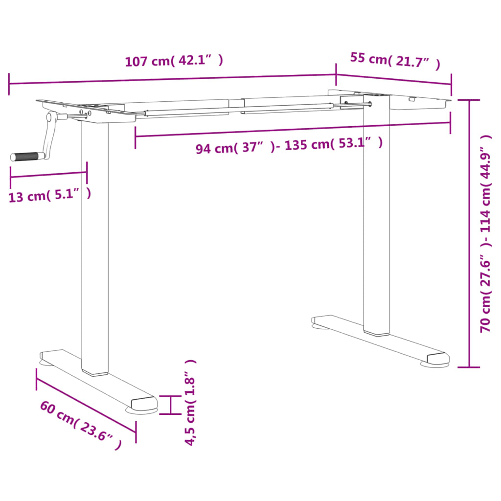 vidaXL Marco de escritorio de pie acero blanco (94-135)x60x(70-114) cm