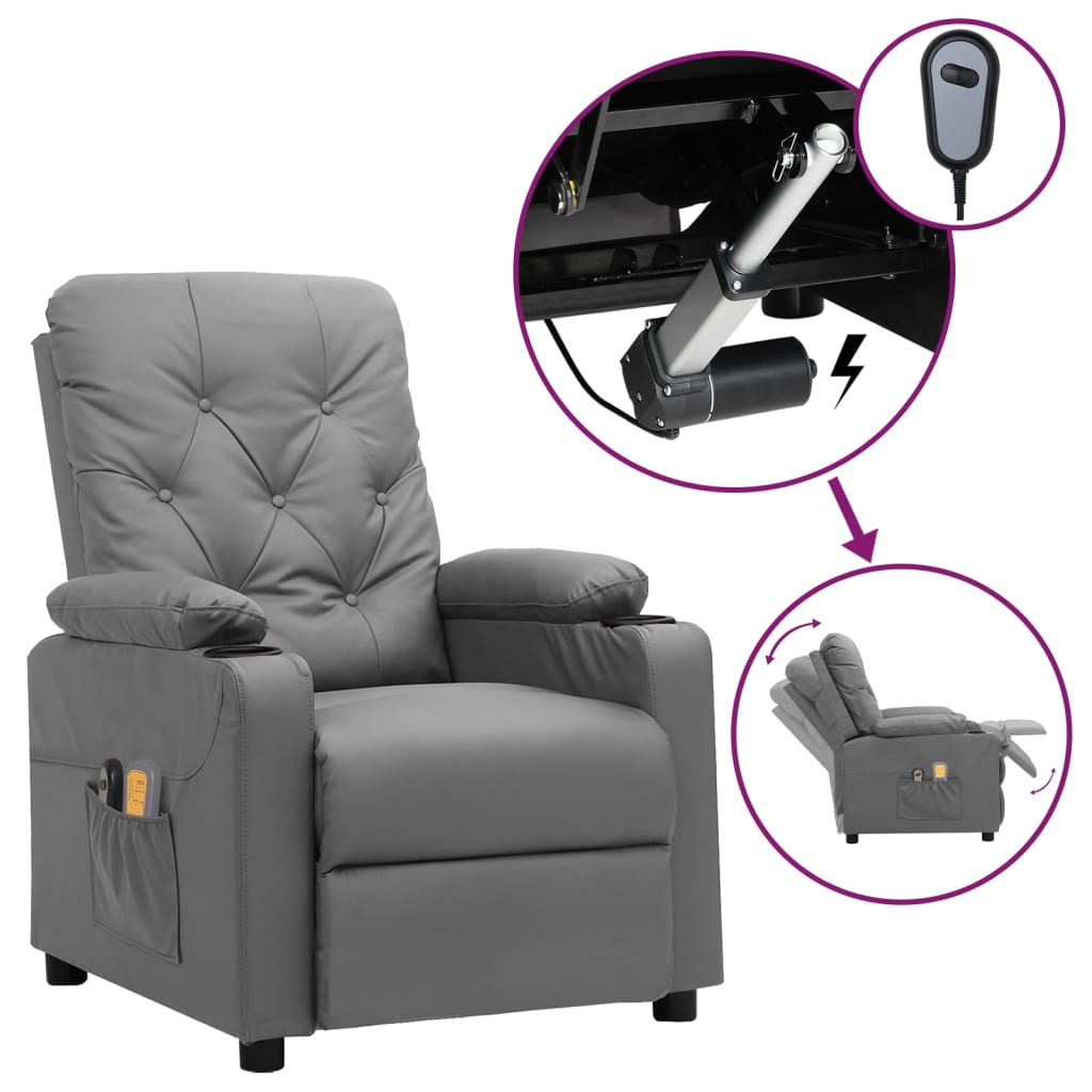 vidaXL Sillón reclinable de masaje eléctrico cuero sintético gris