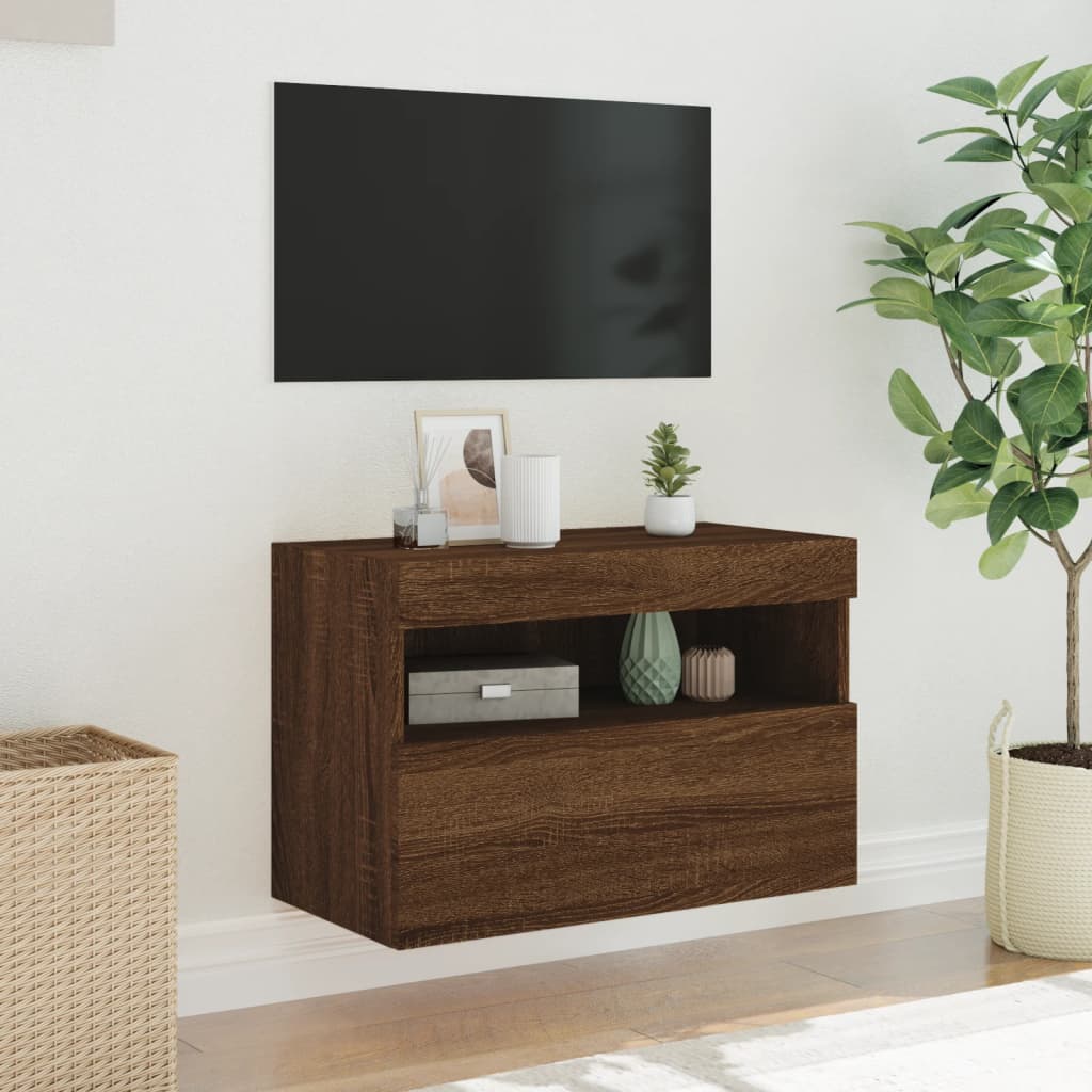 vidaXL Mueble de TV de pared con luces LED roble marrón 60x30x40 cm