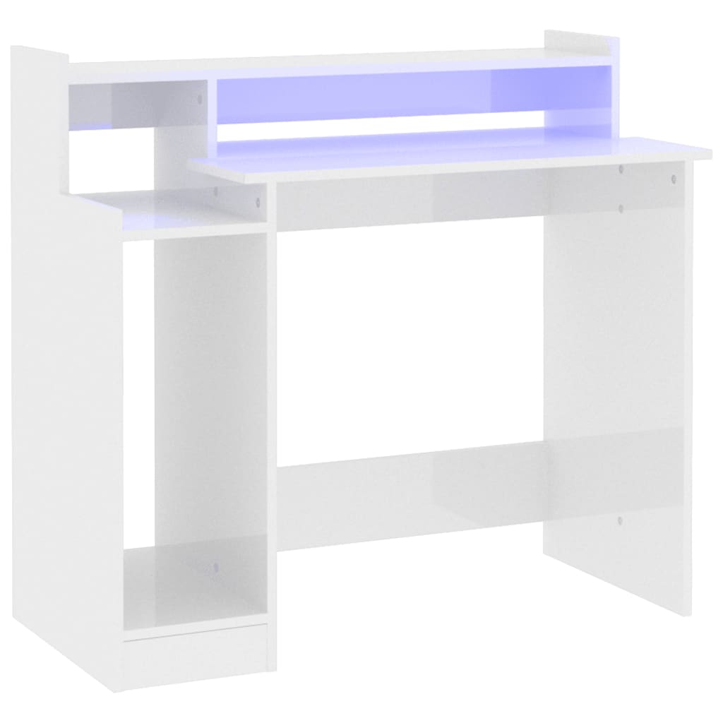 vidaXL Escritorio LED madera contrachapada blanco brillo 97x45x90 cm