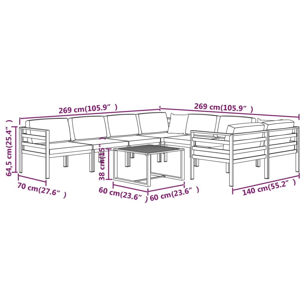 vidaXL Set muebles de jardín 9 pzas y cojines aluminio gris antracita