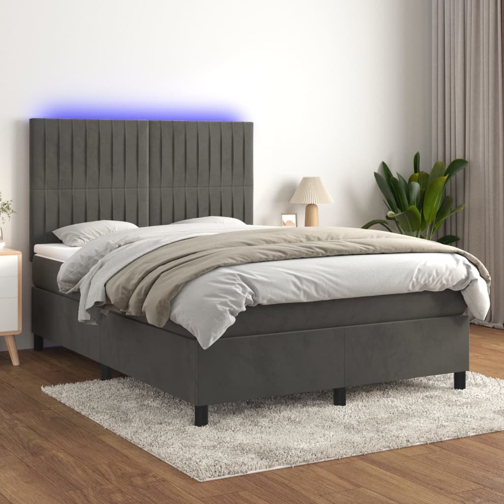 vidaXL Cama box spring colchón y LED terciopelo gris oscuro 140x190 cm