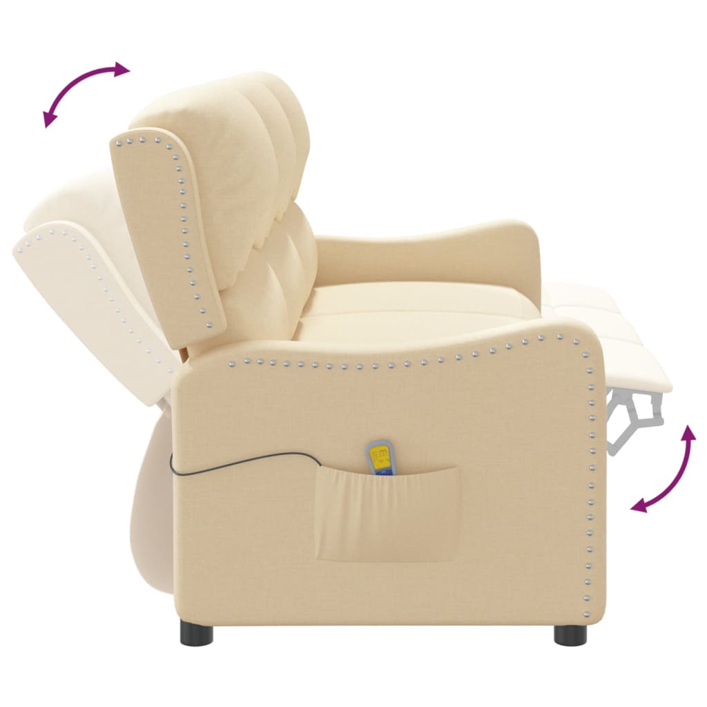 vidaXL Sillón reclinable de masaje de 3 plazas tela crema