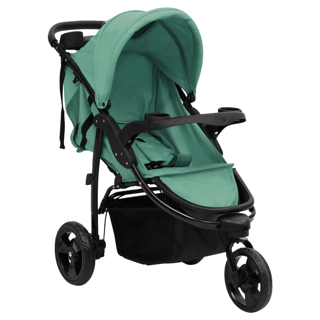 vidaXL Silla de paseo de bebé de 3 ruedas acero verde y negro