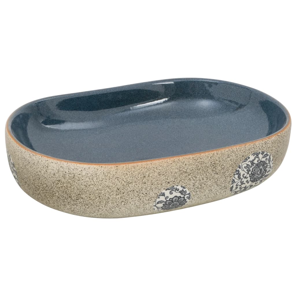 vidaXL Lavabo sobre encimera ovalado arena y azul cerámica 59x40x14 cm