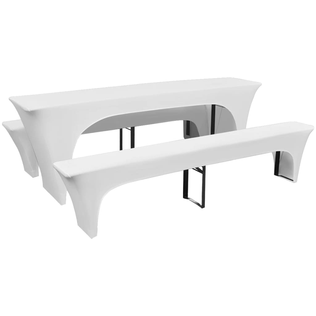 3 fundas blancas estirables para mesa y 2 bancos 220x50x80 cm