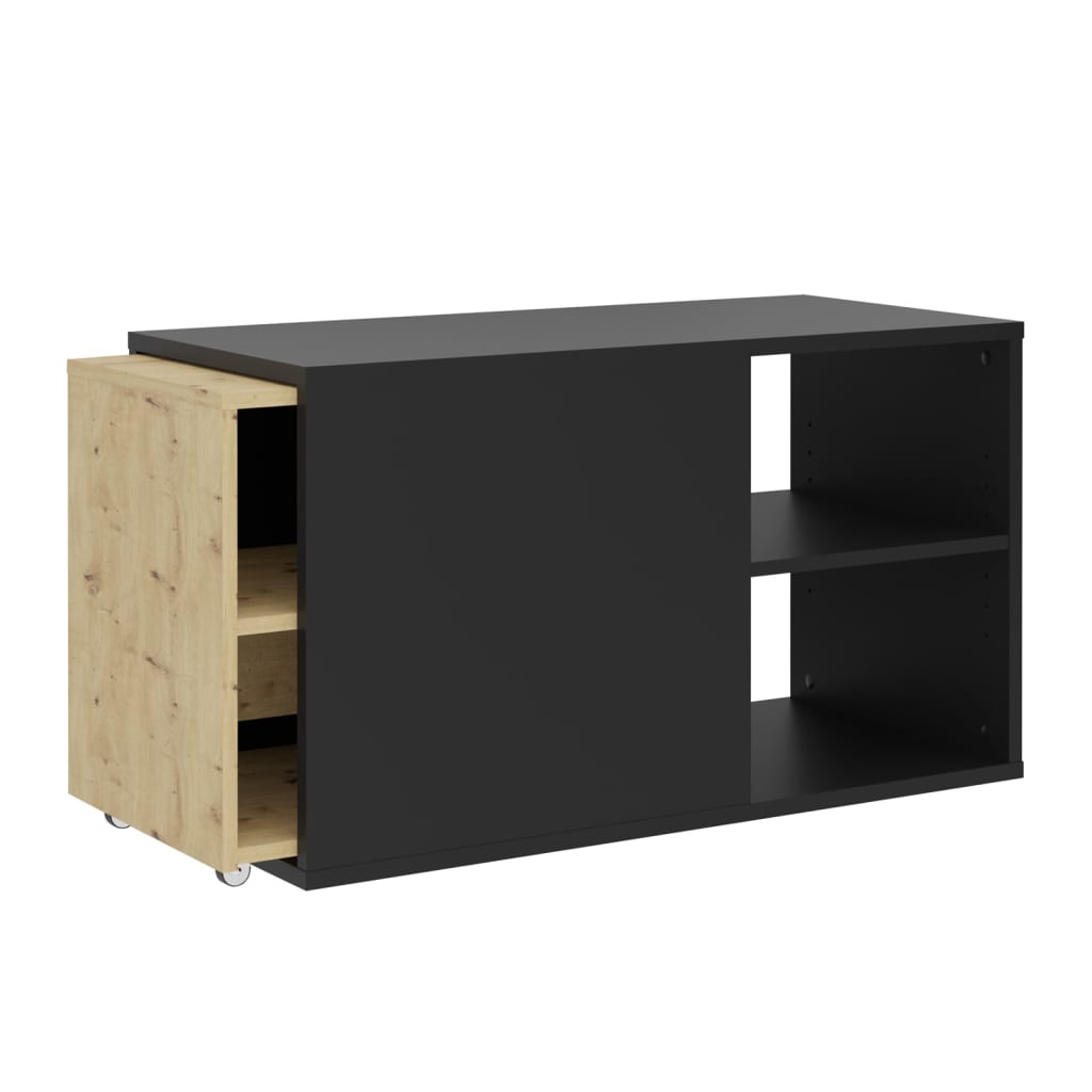 FMD Mueble de TV con 2 compartimentos abiertos negro y roble