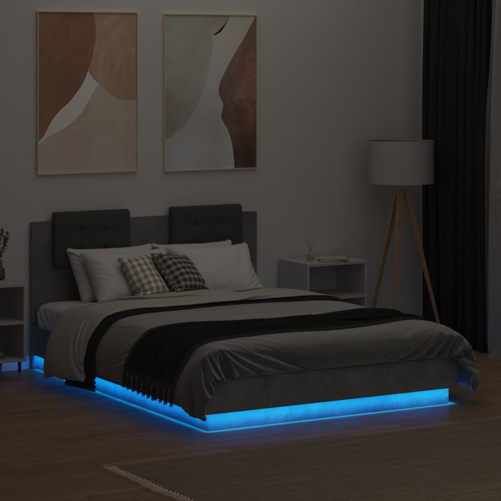 vidaXL Estructura de cama cabecero luces LED gris hormigón 135x190 cm