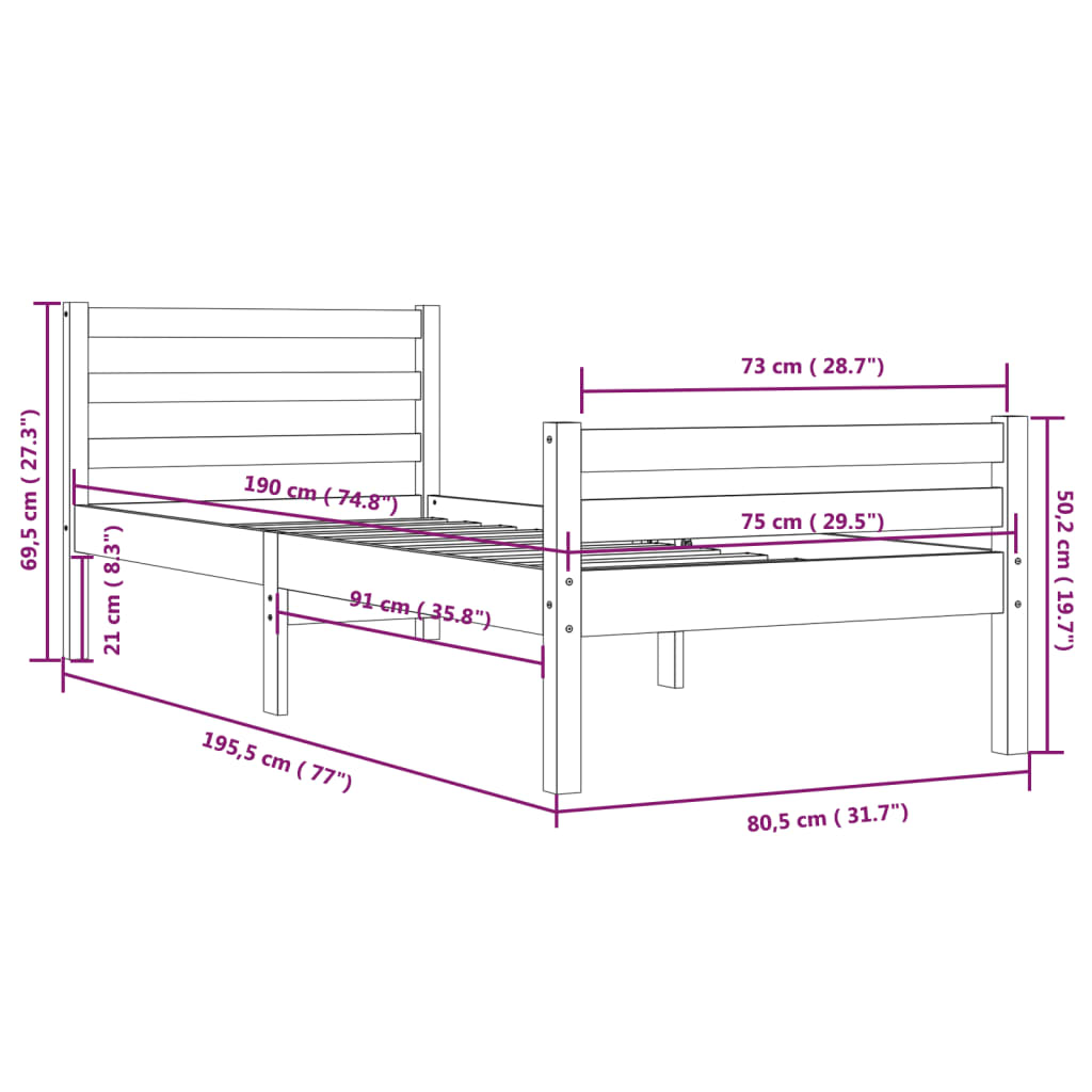 vidaXL Estructura de cama individual madera maciza gris 75x190 cm
