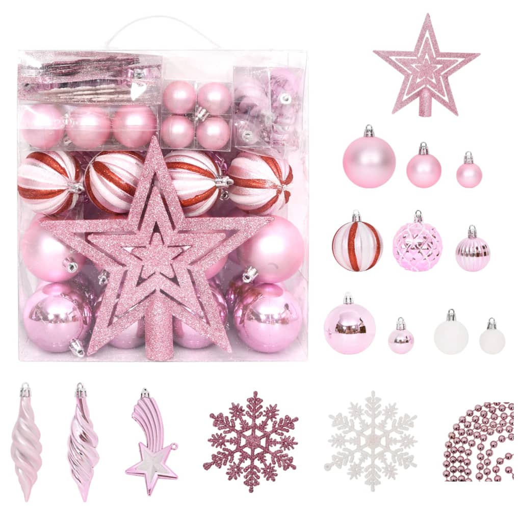 vidaXL Juego de adornos de Navidad de 65 piezas rosa/rojo/blanco