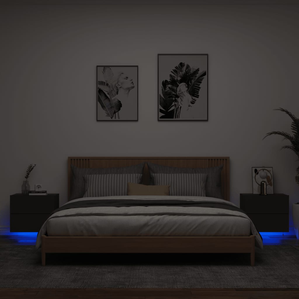 vidaXL Mesitas de noche de pared con luces LED 2 unidades negro