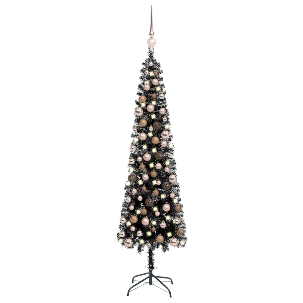 vidaXL Árbol de Navidad delgado con luces y bolas negro 210 cm