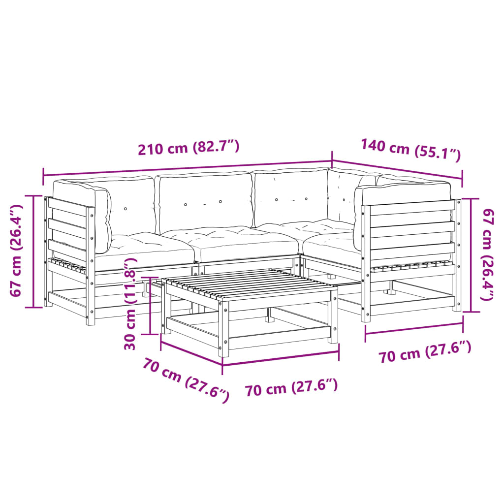 vidaXL Set de sofás jardín 5 pzas con cojines madera pino marrón cera