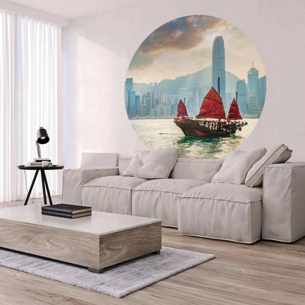 WallArt Círculo de papel pintado Skyline with Junk Boat 142,5 cm