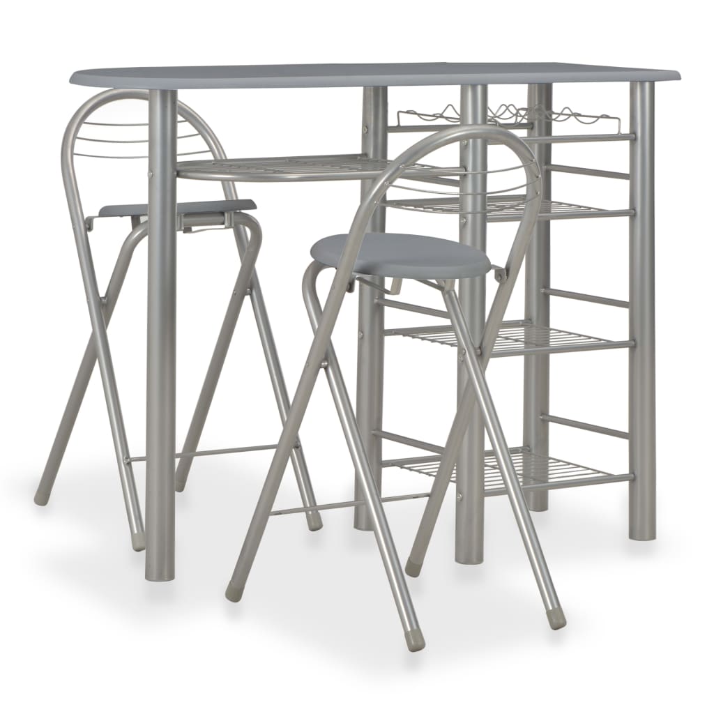 vidaXL Mesa y taburetes de cocina con estantes de madera y acero gris