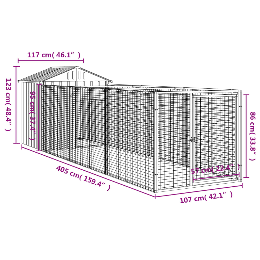 vidaXL Caseta perros tejado acero galvanizado gris claro 117x405x123cm
