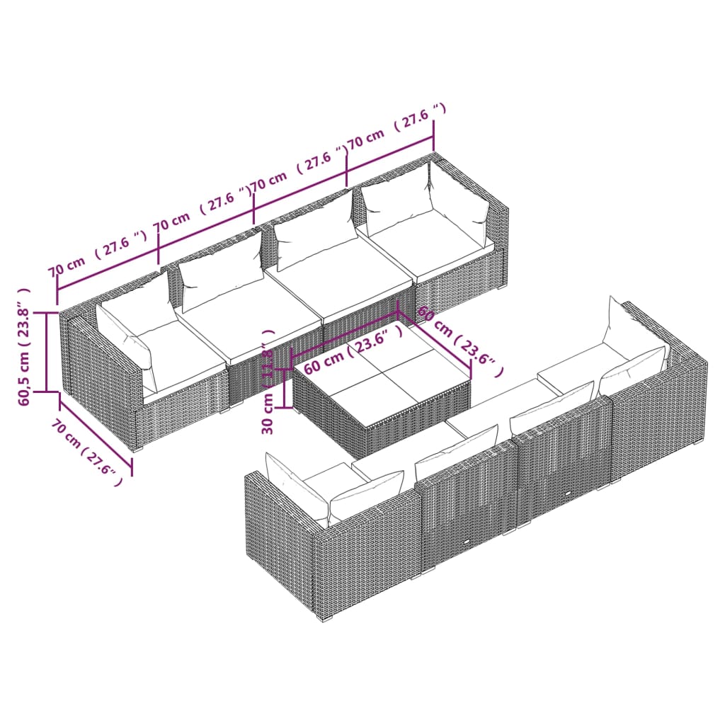 vidaXL Set de muebles de jardín 9 pzas y cojines ratán sintético gris