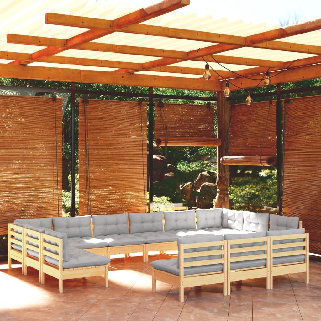 vidaXL Muebles de jardín 13 pzas y cojines madera maciza de pino gris