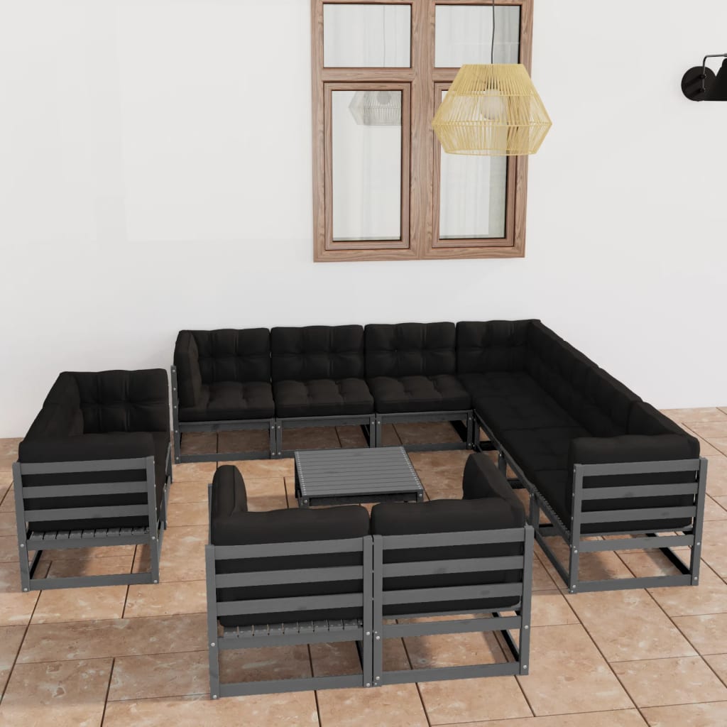 vidaXL Set de muebles de jardín 12 pzas con cojines madera pino gris