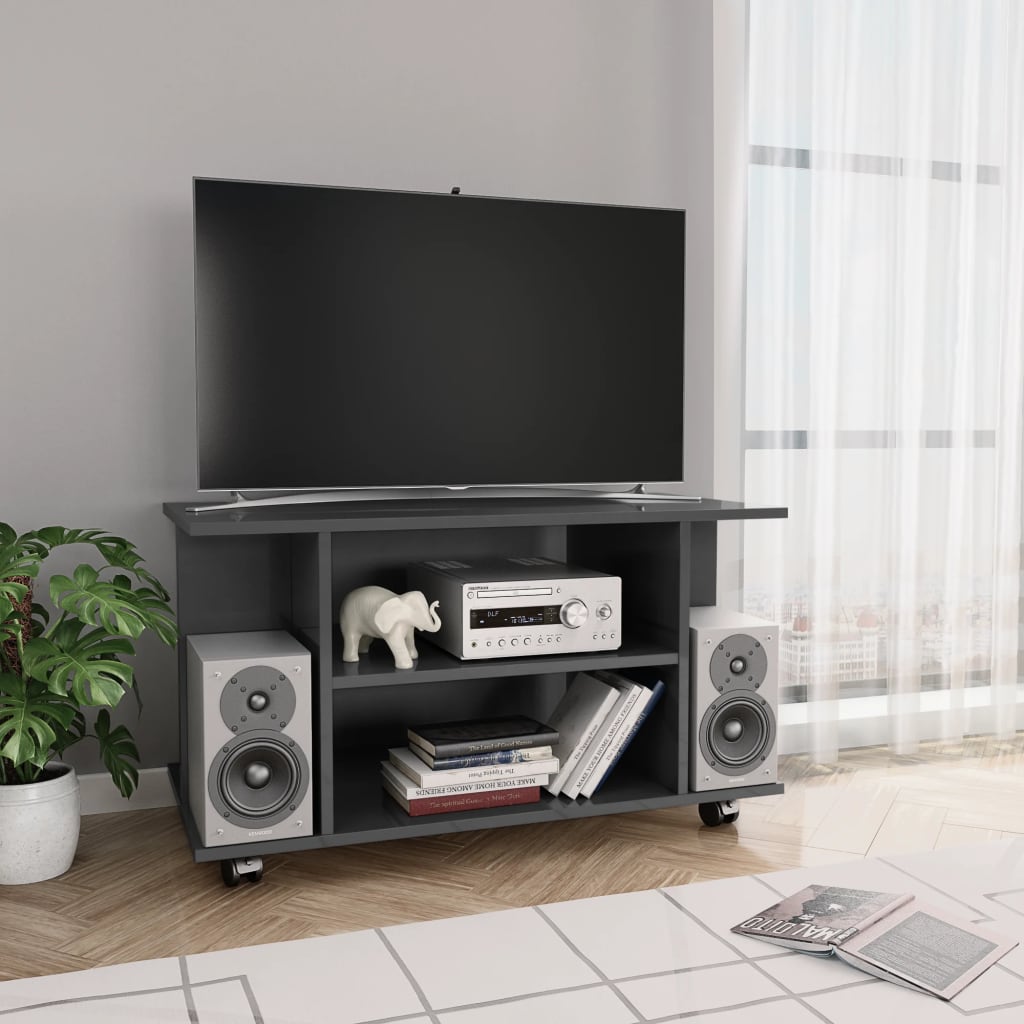 vidaXL Mueble de TV ruedas madera ingeniería gris brillo 80x40x45 cm