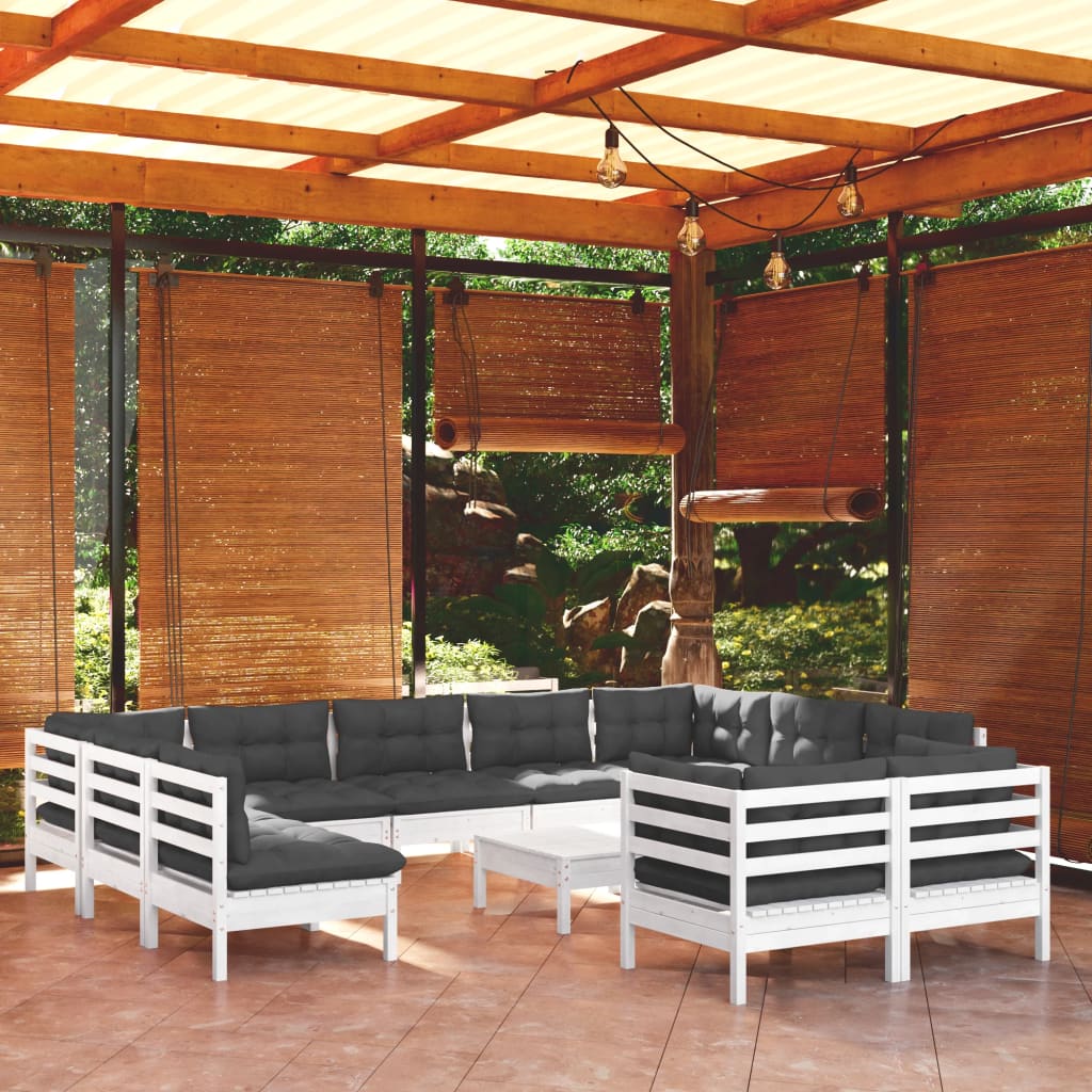 vidaXL Muebles de jardín 12 pzas con cojines blanco madera maciza pino
