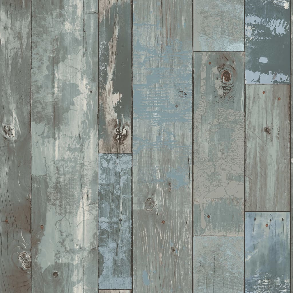 DUTCH WALLCOVERINGS Papel de pared pintado trozos madera gris y azul