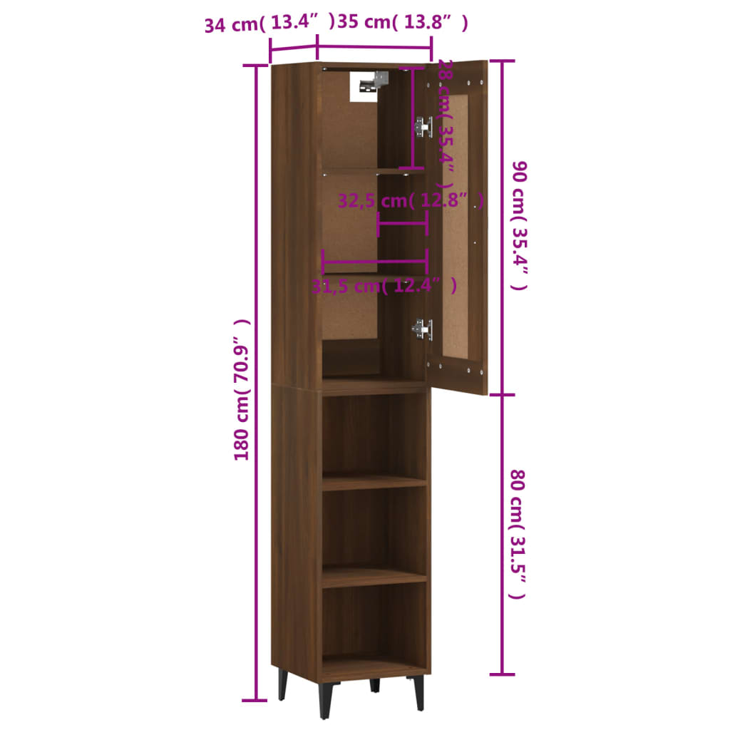 vidaXL Aparador de madera contrachapada marrón roble 35x34x180 cm