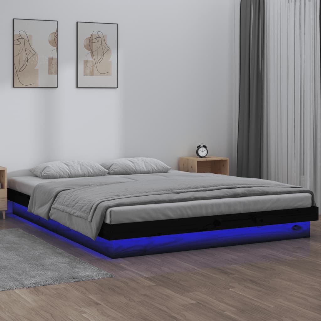 vidaXL Estructura de cama doble con LED madera maciza negra 120x190 cm