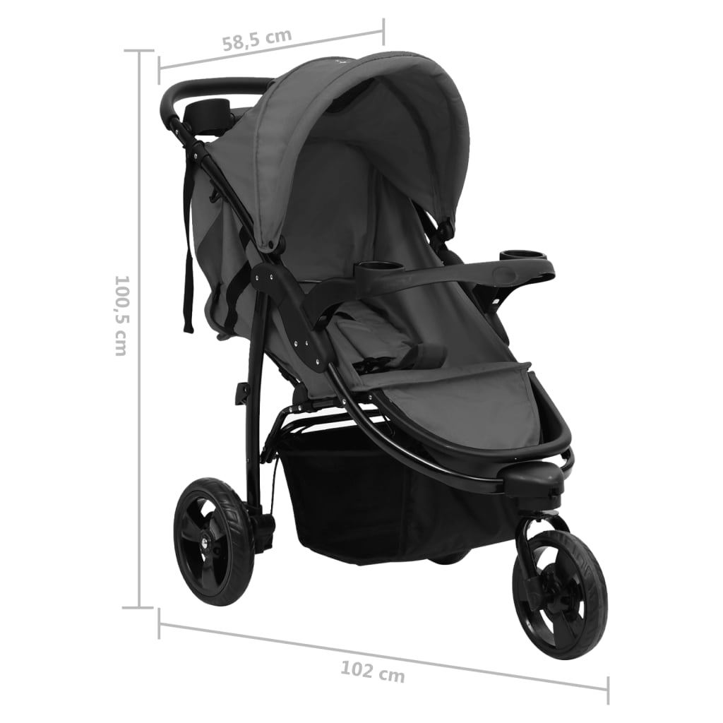vidaXL Silla de paseo de bebé de 3 ruedas acero gris oscuro y negro