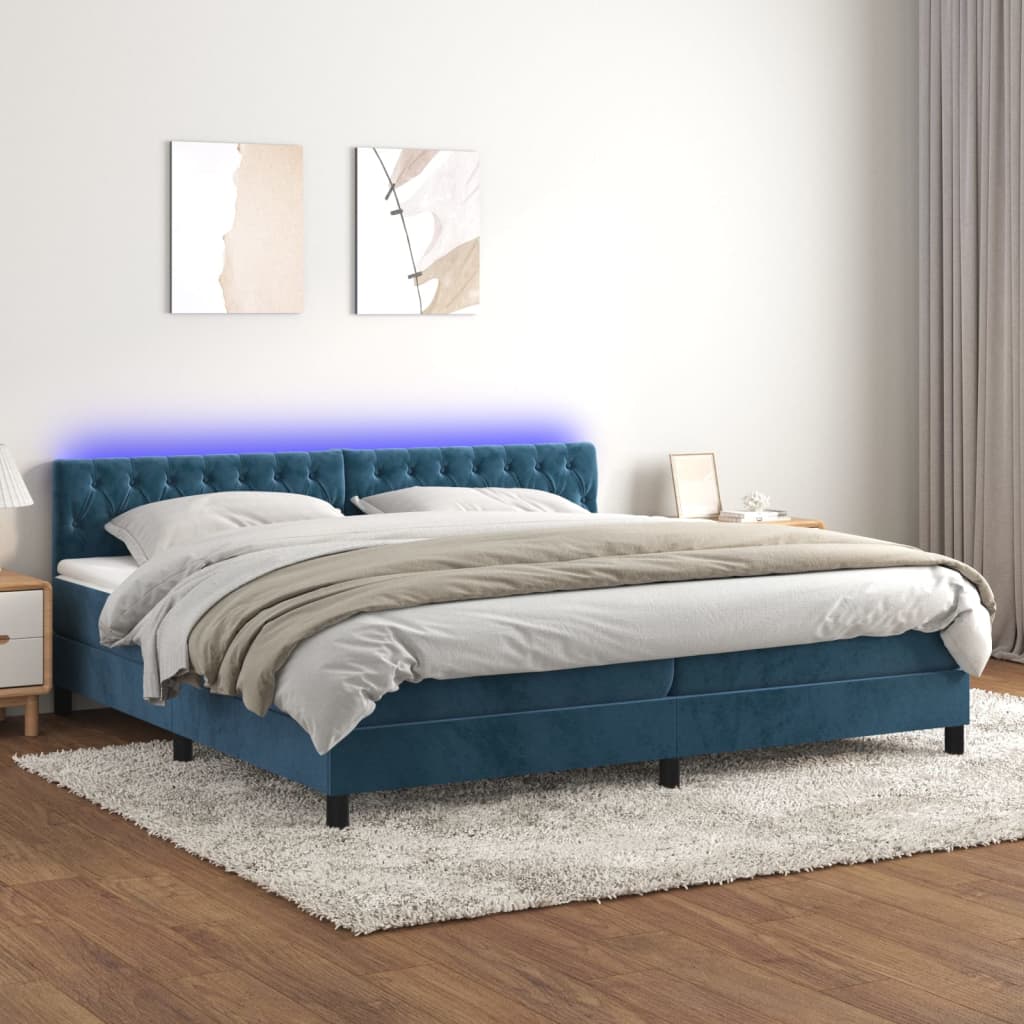 vidaXL Cama box spring colchón y LED terciopelo azul oscuro 200x200 cm