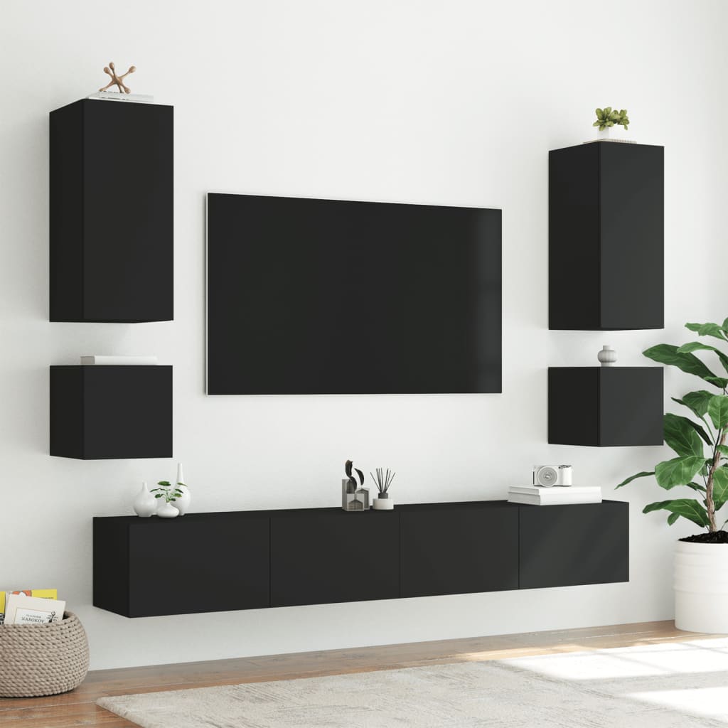 vidaXL Muebles de TV de pared con luces LED 6 piezas negro